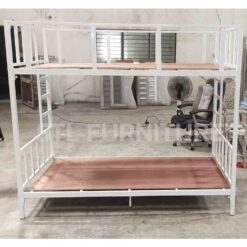 เตียงเหล็กกล่อง 2 ชั้น 3.5 ฟุต สีขาว บันไดขึ้นสองฝั่ง พร้อมไม้อัดรองเตียง