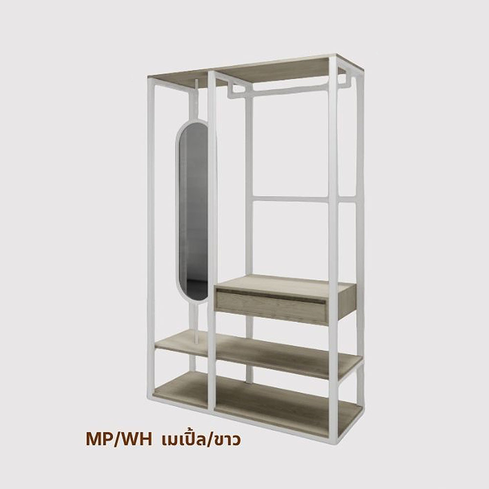 ตู้เสื้อผ้าโครงเหล็ก Loft 120 cm แบบมีกระจกเงา เหล็กสีขาวไม้สีมเมเปิ้ล