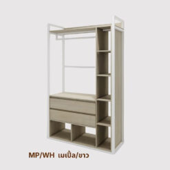 ตู้เสื้อผ้าโครงเหล็ก Loft 120 cm 2 ลิ้นชักกลาง และชั้นวางของสูงด้านข้าง เหล็กสีขาว ไม้สีเมเปิ้ล