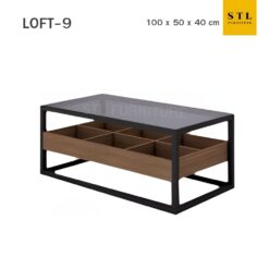โต๊ะกลางโซฟาสไตล์ loft เหล็กสีดำ ไม้สีน้ำตาลเข้ม หน้าโต๊ะกระจก 100 cm