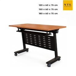 โต๊ะพับสัมมนา 120 cm 150 cm 180 cm ท็อปสีเชอร์รี่ ขาสีดำ มีล้อเลื่อน และตะกร้าเก็บของ